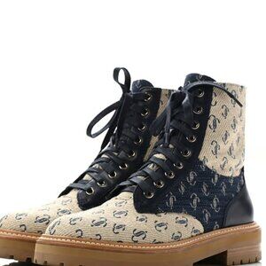 Jimmy Choo Jacquard Monogram Calfskin Cora Flat Combat Women Boots Sand Dune 39